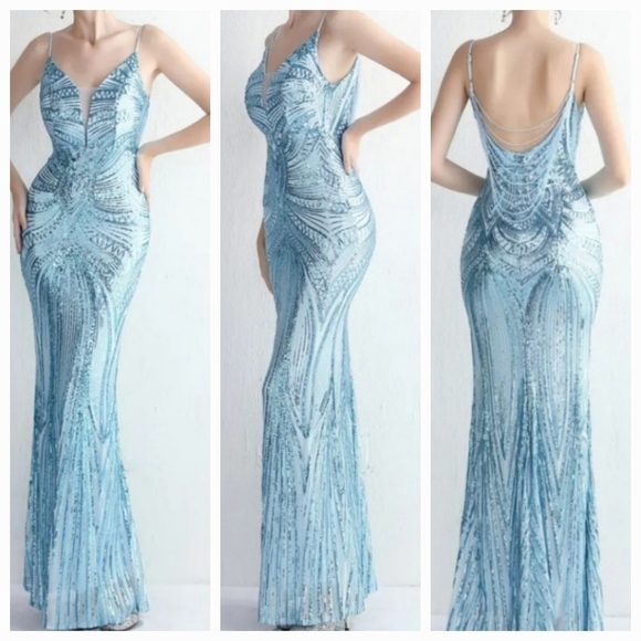 Blue, Geo Print, Sleeveless, Beaded Draped Back, V Neck, Sequined Merma… - Picture 2 of 16